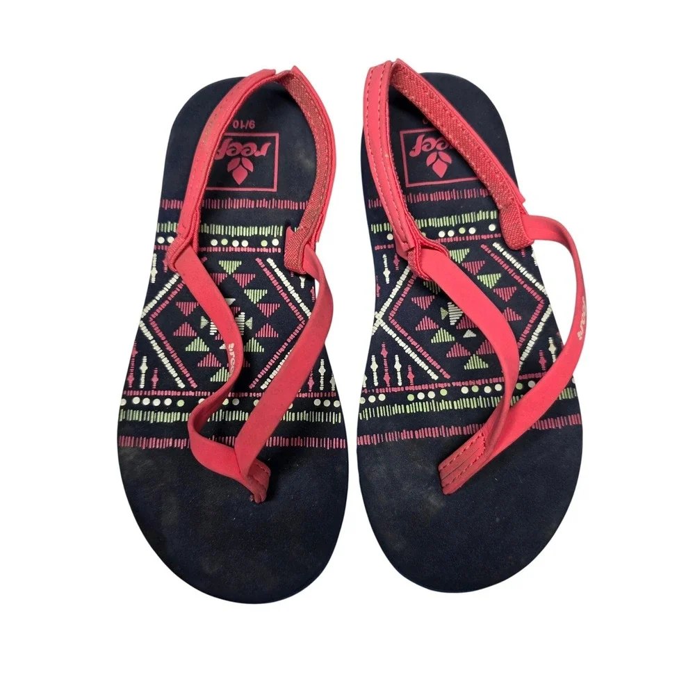 Reef Little Ahi Girls Toddler Sandals Size 9/10 Pink Navy Tribal Geometric Print